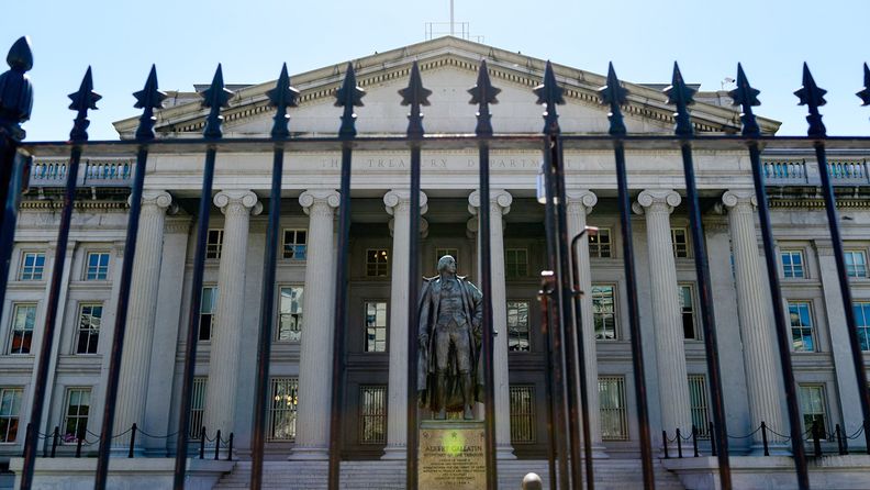 A statue of Albert Gallatin outside Treasury Department headquarters in Washington